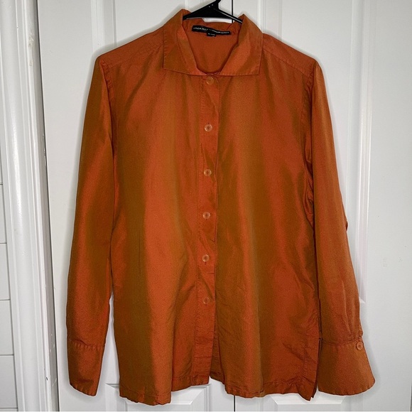Vintage Linda Allard Ellen Tracy 100% Silk Size 12 Petite Blouse Orange Button - Picture 1 of 8